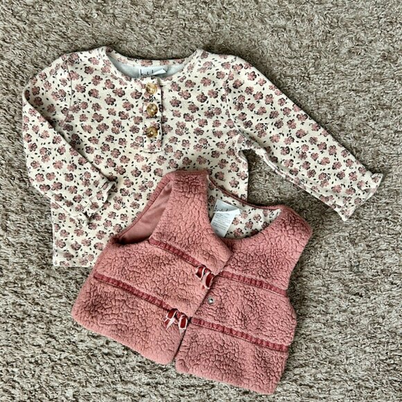 Nicole Miller Sweet Floral Long Sleeve Tee w Matching Fuzzy Pink Vest I Size 18M - Picture 4 of 11